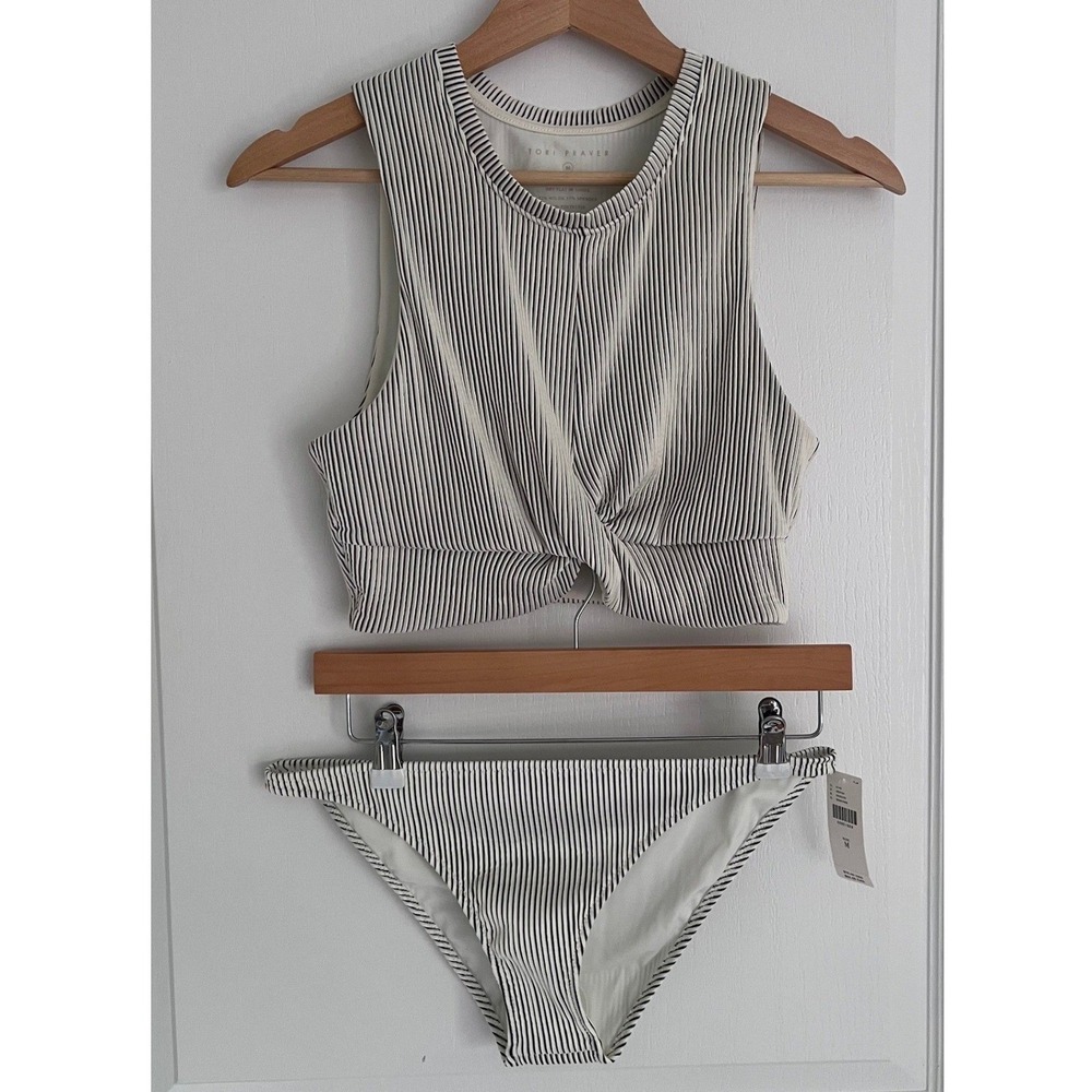 Tori Praver Black White Pinstripe Bikini Set Crop Top Bottom M‎ NWT